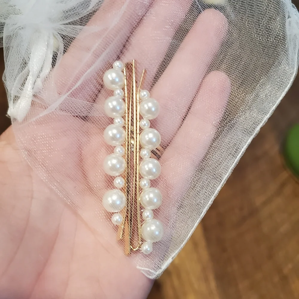 Bride Tribe Gold Gray Metallic Cosmetic Bag Makeup Pouch Pearl Bobby Pins Hair